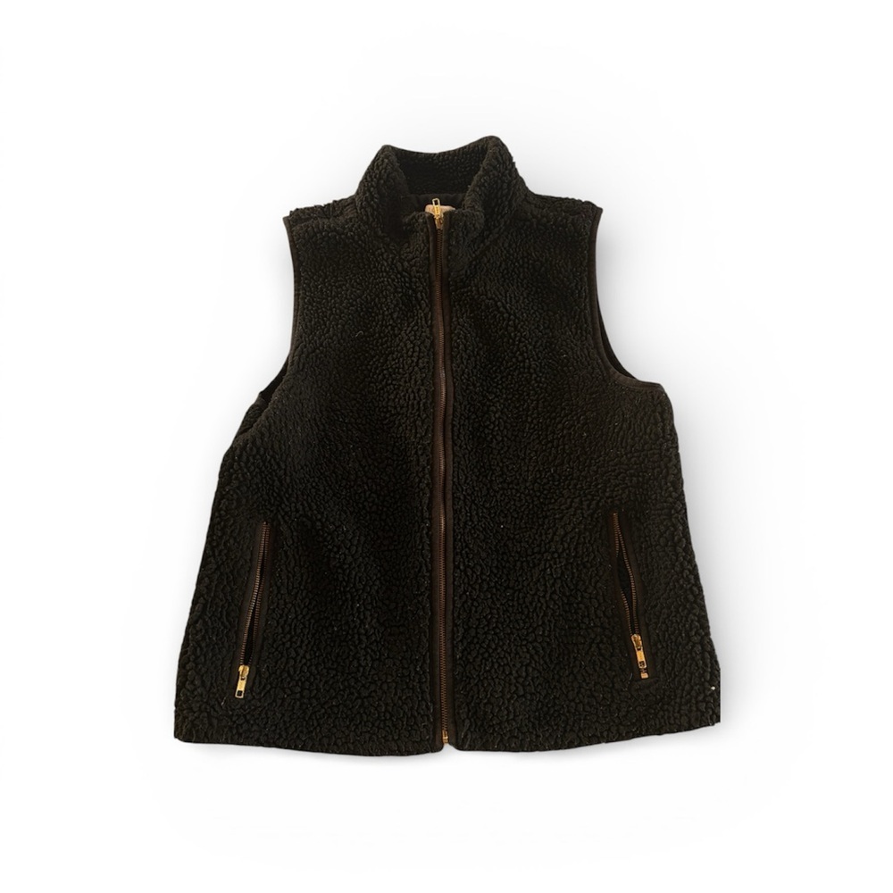J. Crew Black Sherpa Fleece Vest with Gold Details